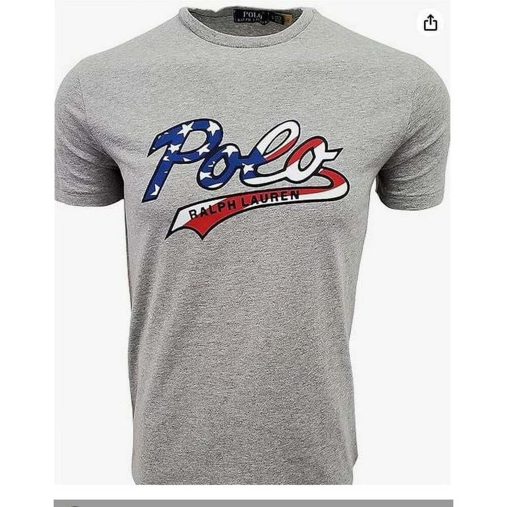 Polo Ralph Lauren T Shirt Mens Sz L Gray Script USA Flag Spell Out Short Sleeve